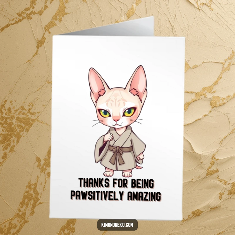 Funny Free Printable Thank You Card: A determined kawaii Sphynx cat in a kimono offers a stylish and humorous expression of gratitude.