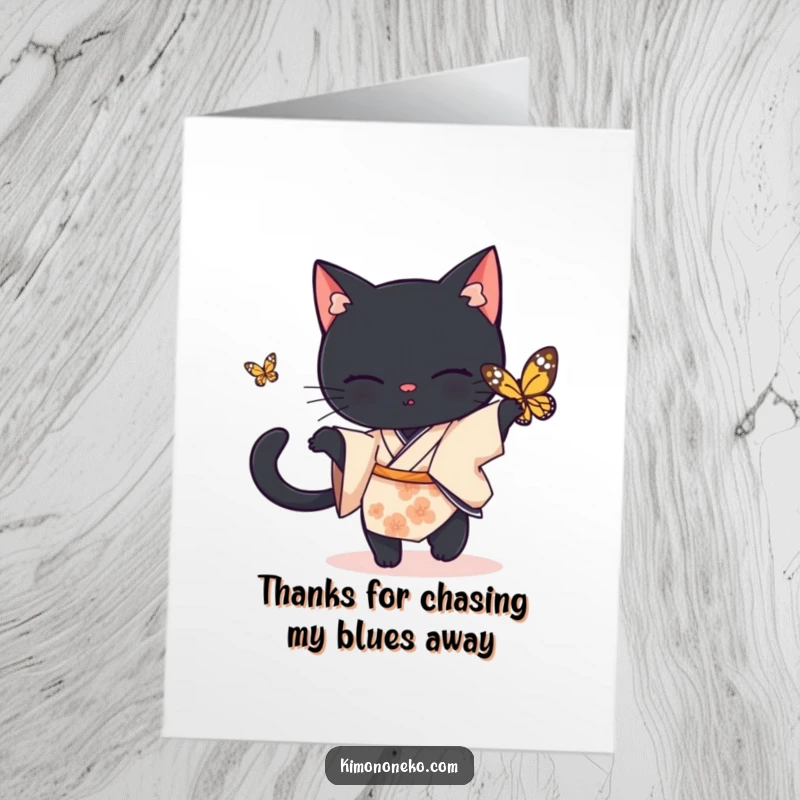 Funny Free Printable Black Cat Thank You Card: Playful black cat in a simple kimono reaching for a butterfly, a sweet gesture of thanks.