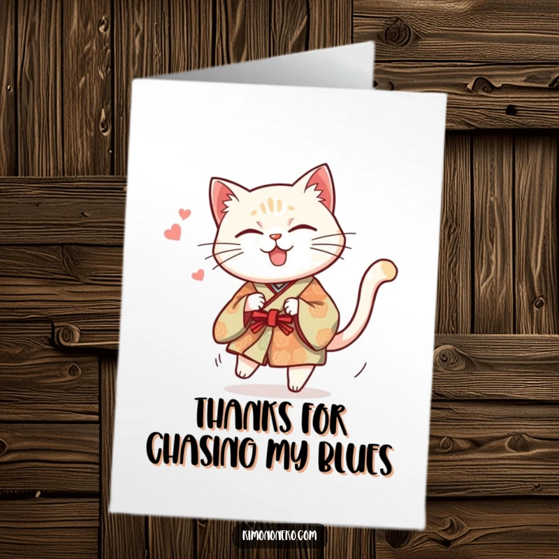 Funny Free Printable Thank You Card: Mischievous cat in traditional kimono chasing its tail, a funny way to thank someone.