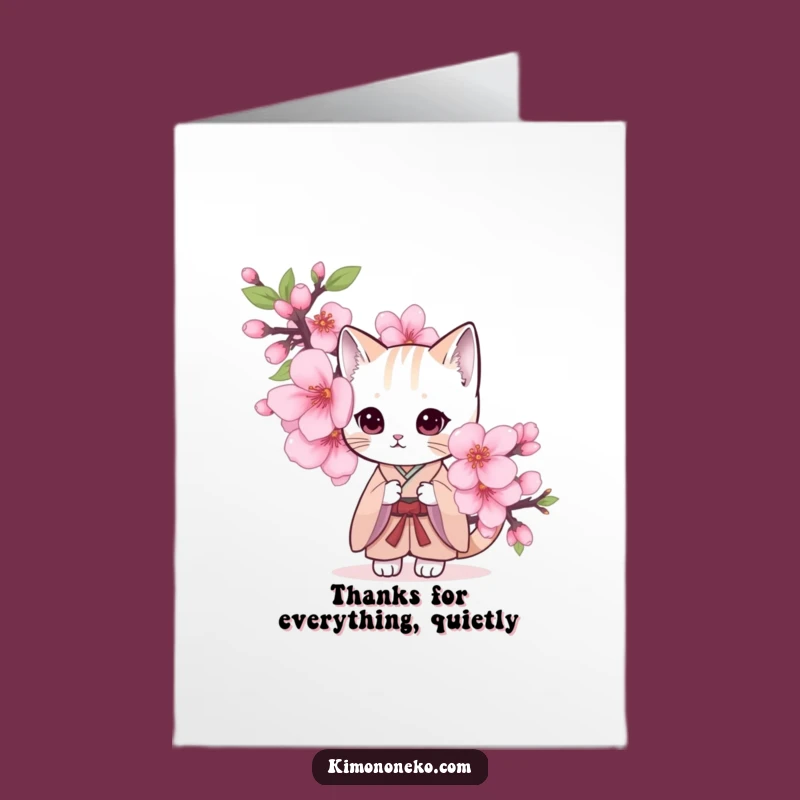 Free Printable Thank You Card: Shy Cat Kimono Blossom Funny Downloadable Gift