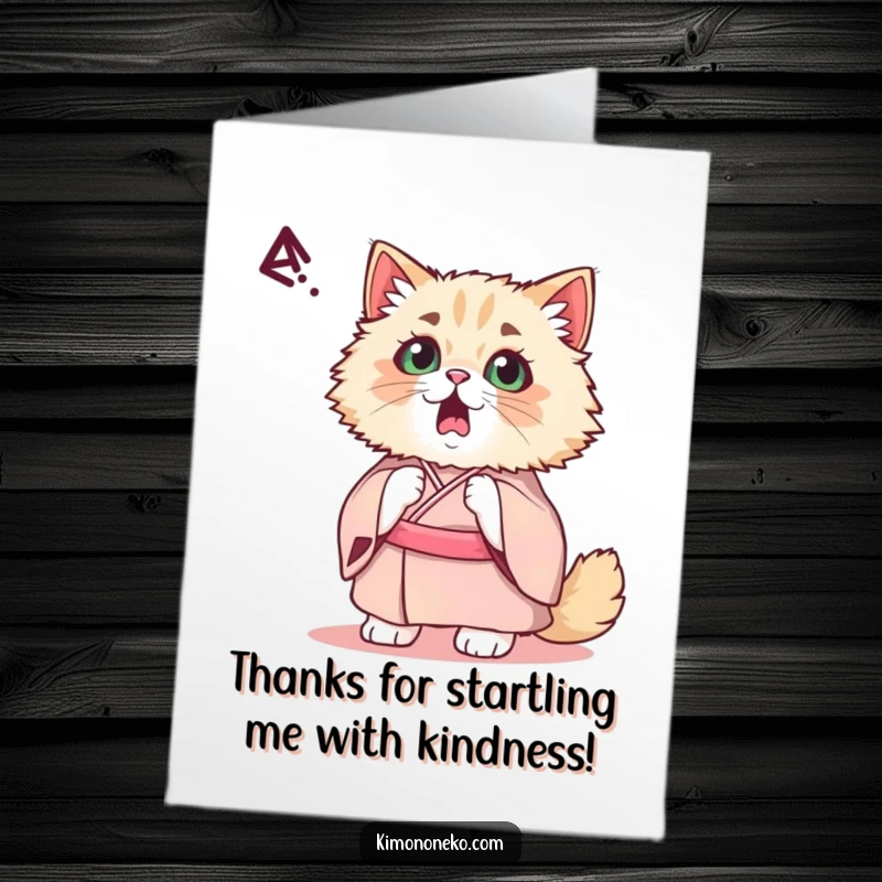 Funny Free Printable Thank You Card: Startled kawaii Persian cat in a fancy kimono looking surprised.