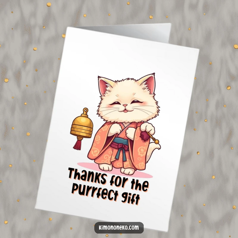 Funny Free Printable Thank You Card: A fluffy kawaii cat in a kimono batting at a bell.