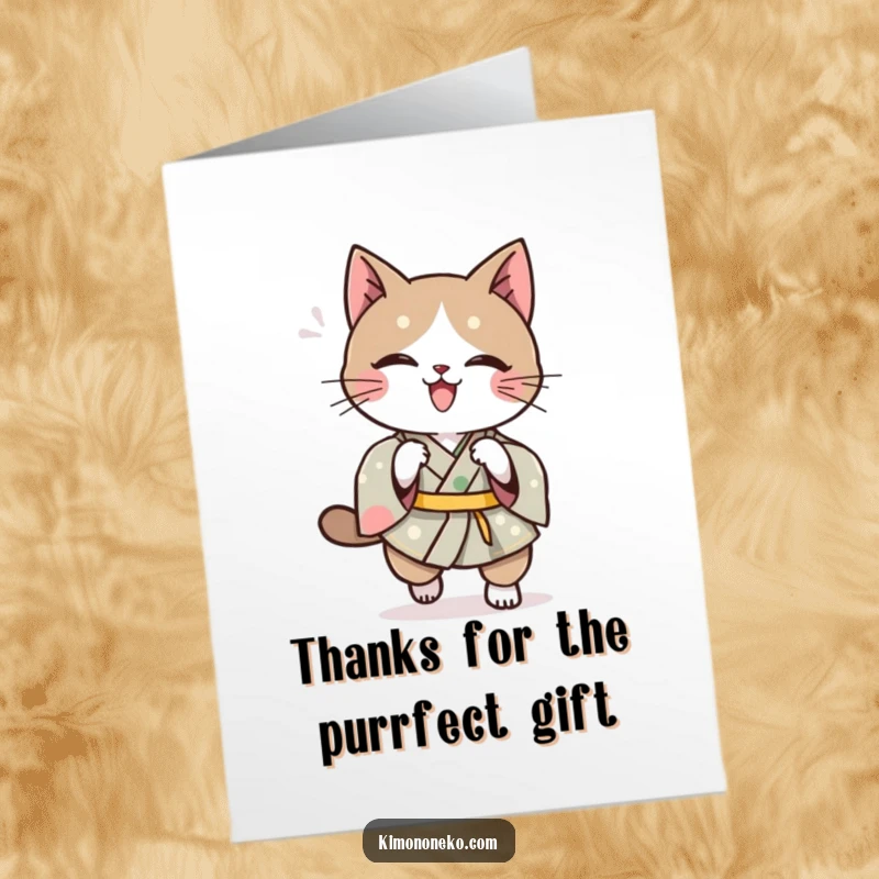 Funny Free Printable Thank You Card: Kawaii cat in a kimono mid-pounce, conveying thanks with energetic playfulness.