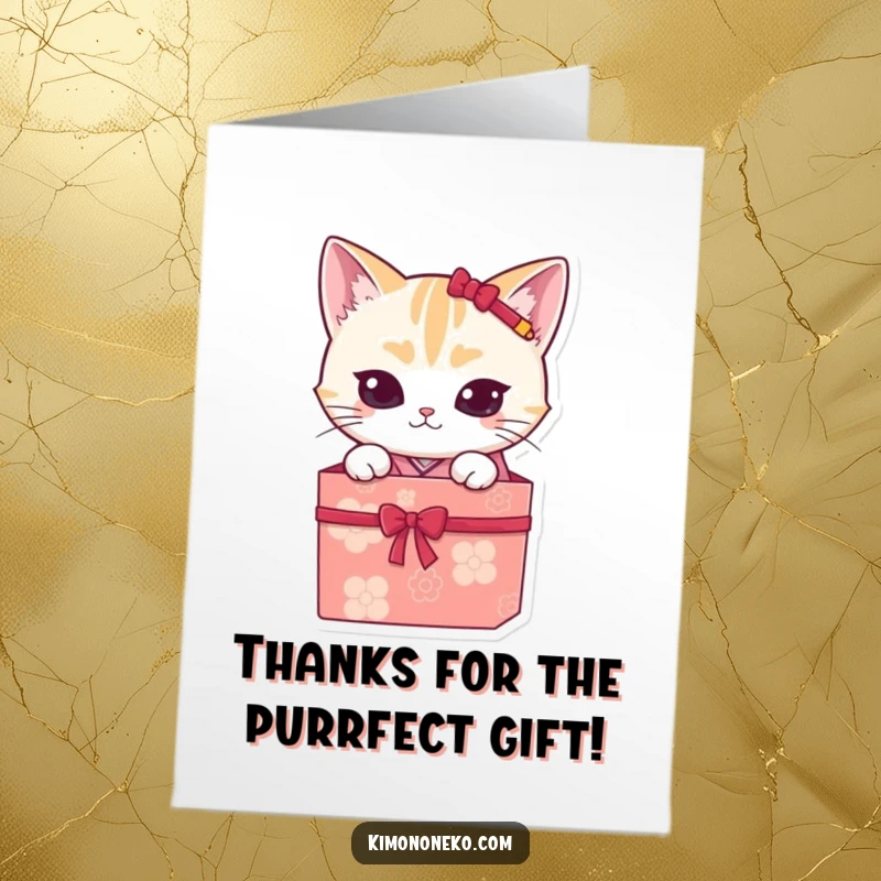 Funny Free Printable Thank You Card with a mischievous kawaii cat in a kimono peeking from a gift box, conveying thanks.