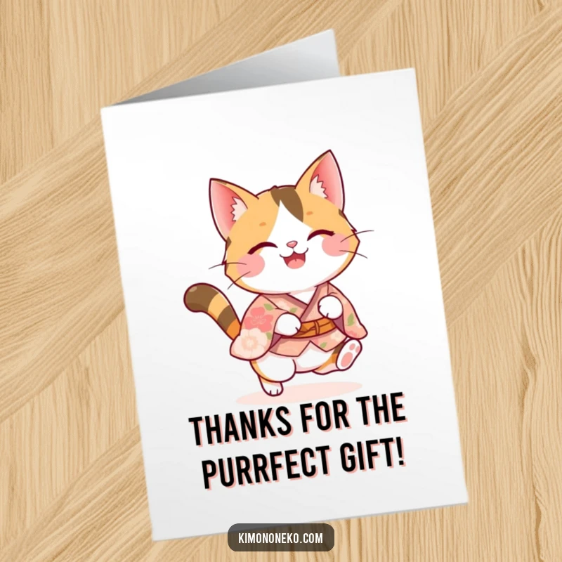 Funny Free Printable Thank You Card: Adorable calico kawaii cat in kimono pouncing with joy, a downloadable greeting.