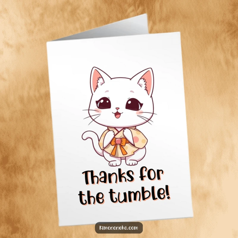 Funny Free Printable Thank You Card: Kawaii cat in a whimsical kimono doing a slightly awkward somersault.