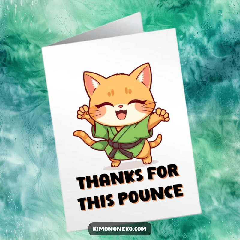 Funny Free Printable Thank You Card: Energetic kawaii ginger cat in kimono, captured mid-pounce.