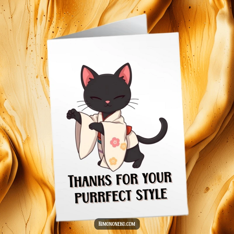 Funny Free Printable Thank You Card: A sleek black kawaii cat in a kimono stretching.