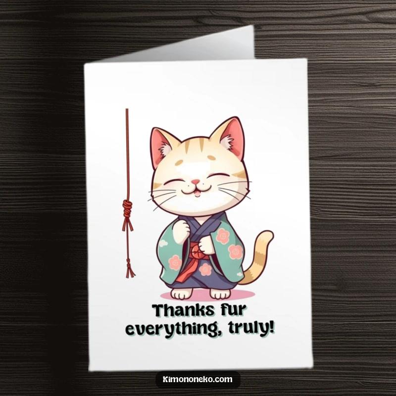 Funny Free Printable Thank You Card: Kawaii cat in kimono batting at string, a quaint way to show gratitude.