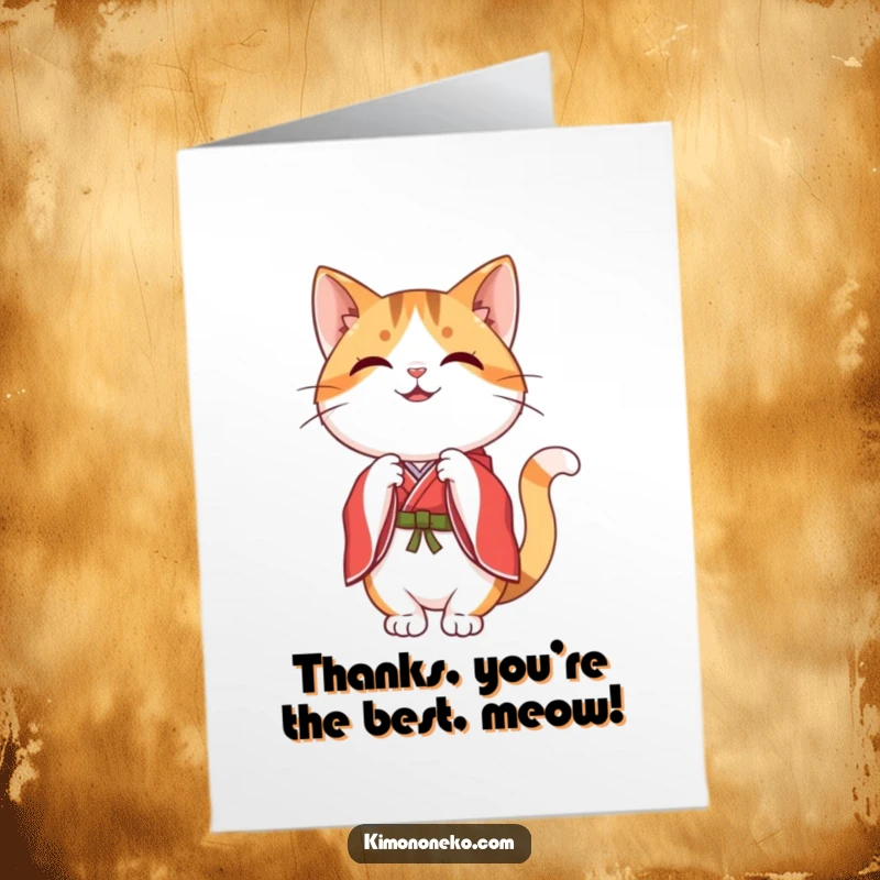Free Printable Thank You Card: A happy kawaii calico cat in a red kimono bows politely.