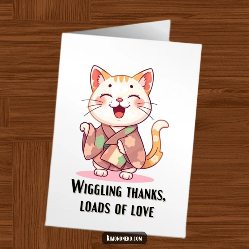Funny Free Printable Thank You Card: A happy cat in a colorful kimono wiggles its tail with thanks.