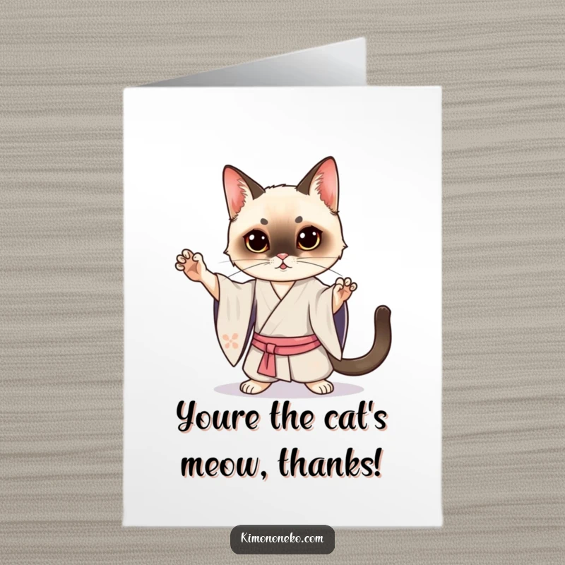 Funny Free Printable Thank You Card featuring a Kawaii Siamese cat in a silk kimono, posing dramatically to convey sincere thanks.
