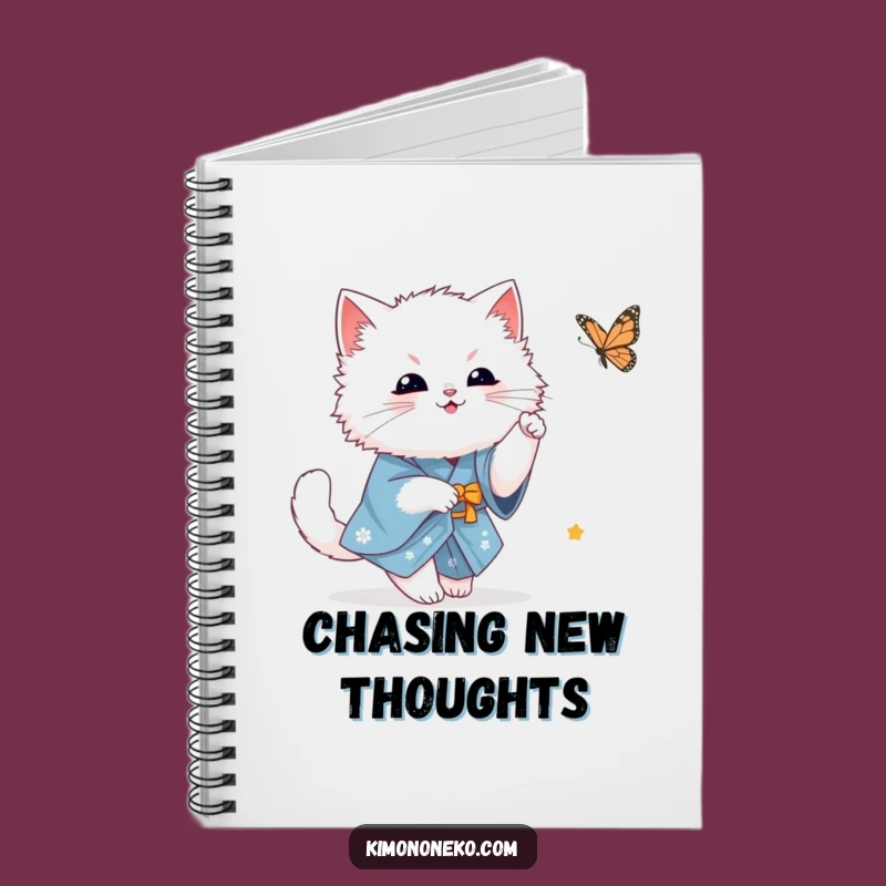 Funny White Cat Notebook: Kawaii Kitty in Blue Kimono Butterfly Chase - Journal Gift!
