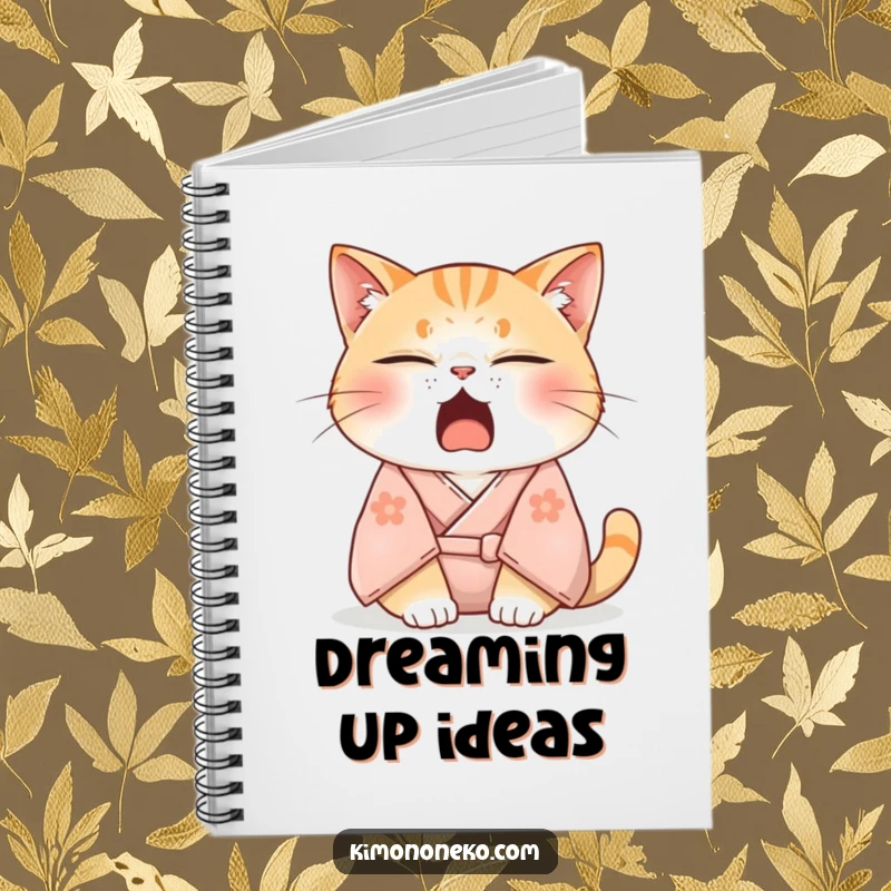 Funny notebook cover featuring a sleepy cat in a soft kimono, yawning adorably with eyes half-closed, inspiring peaceful thoughts and creative ideas.