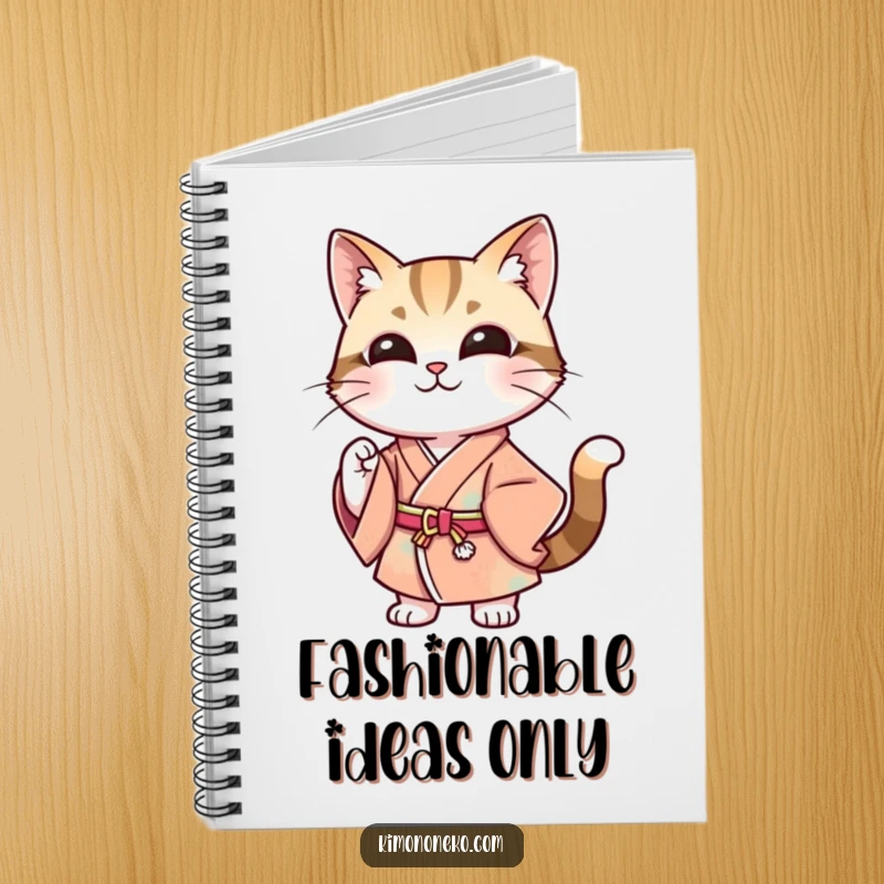 Funny notebook cover featuring a stylish cat in a modern kimono, posing confidently with a smile, perfect for jotting down inspired thoughts and ideas.