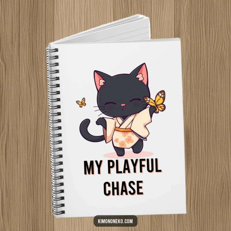 Funny black cat notebook, a black cat in a simple kimono playfully chasing a butterfly, journal funny gift.
