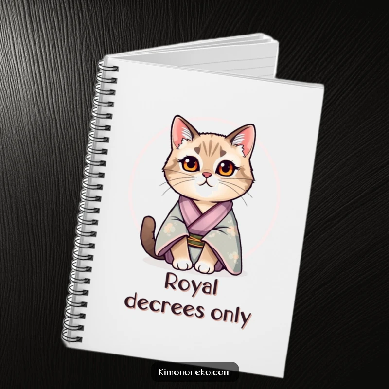 Funny notebook with a regal cat in a silk kimono sitting proudly, inspiring elegant and humorous note-taking.