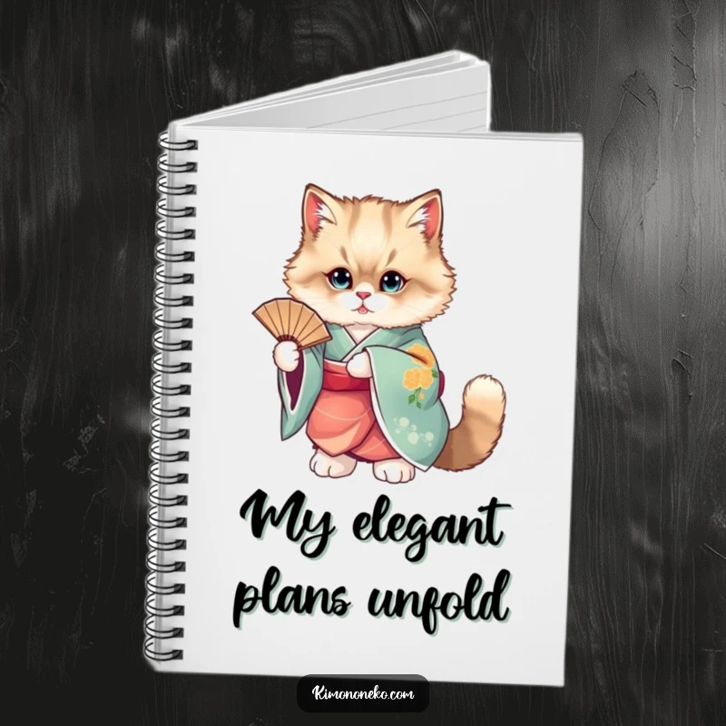 Funny notebook with an elegant cat in a kimono holding a fan, perfect for notes.