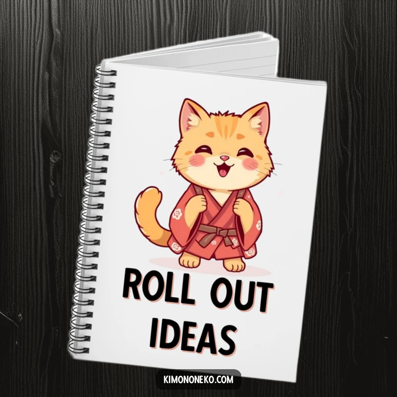 Funny ginger cat in a casual kimono doing a happy roll, featured on the cover of a notebook.