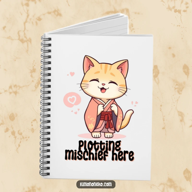 Funny Kawaii cat in an elegant kimono sharing a secret giggle, lined journal, cute stationery.