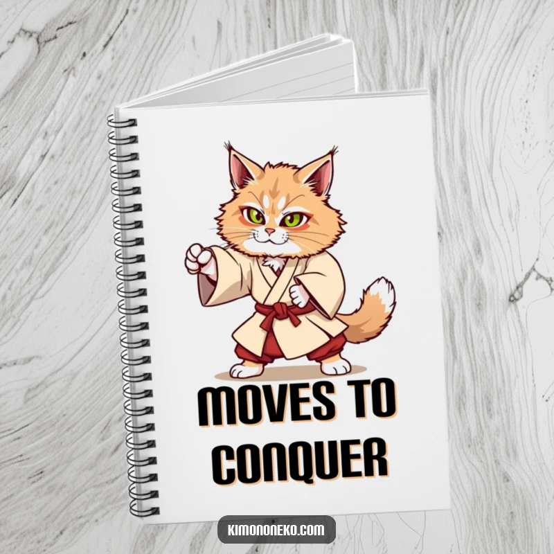 Funny Kawaii Maine Coon cat in sturdy kimono attempting a martial arts move, strong anime notebook, gift.
