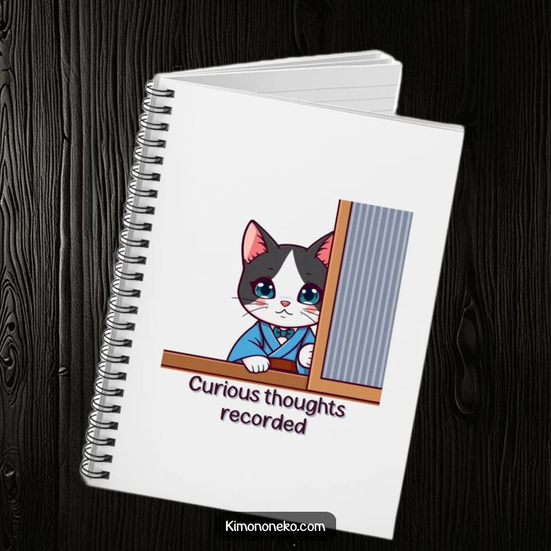 Funny curious kawaii tuxedo cat in a blue kimono, peeking from behind a screen, inside a lined notebook.