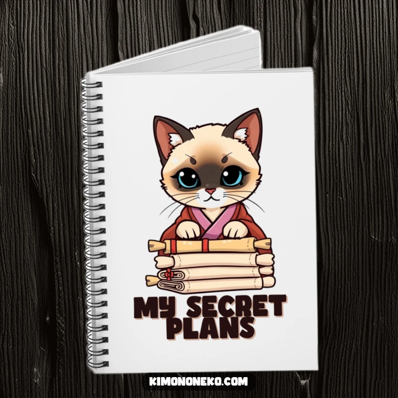 Funny Siamese Cat Kimono Notebook: A Siamese cat in a stylish kimono peering curiously over a stack of scrolls, perfect for note-taking.