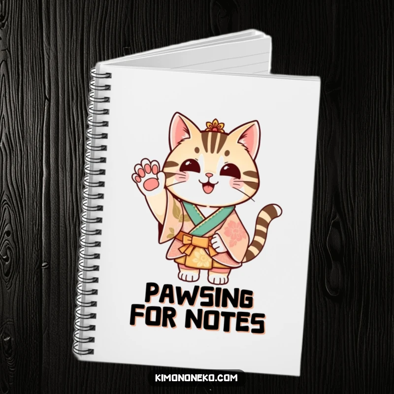 Funny striped cat in a festive kimono waving its paw, featured on the cover of a notebook.