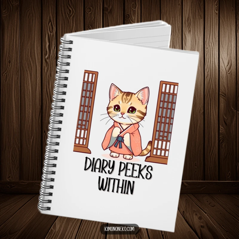 Funny Tabby Cat Notebook: A curious tabby cat in a festive kimono peeks from a screen, inspiring creative writing.