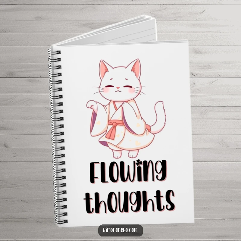 Funny White Cat Kimono Notebook: A Kawaii white cat in a flowing kimono twirling gracefully, ideal for notes.