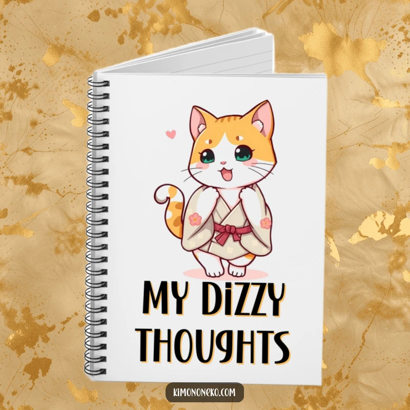 Funny Calico Cat Kimono Notebook: A cheerful calico cat in a kimono doing a happy spin with its tail up, inspiring creativity.