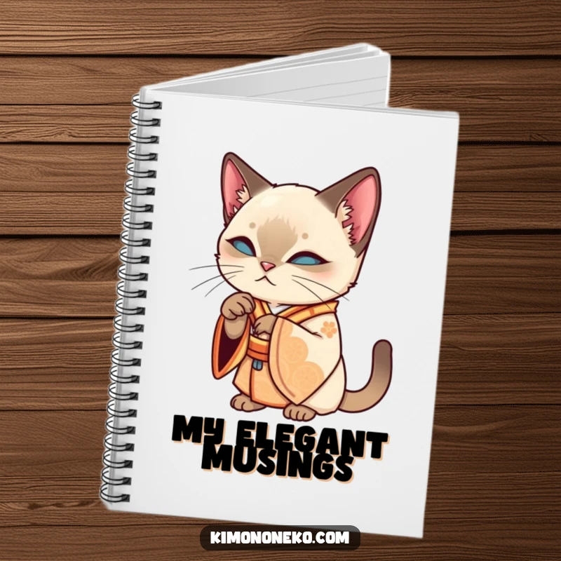 Funny Siamese kawaii cat in an ornate kimono, grooming its paw, on the cover of a ruled notebook, a funny stationary gift.