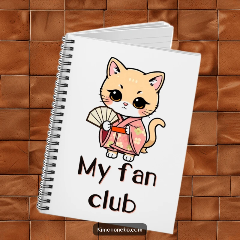 Funny Kawaii cat in a floral kimono, posing with a fan, a cute and funny notebook.
