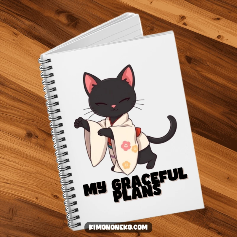 Funny notebook cover featuring a sleek kawaii black cat in a kimono, stretching with elegant grace, perfect for jotting down notes with sophistication.