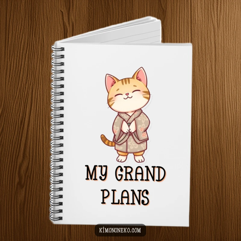 Funny Kawaii tabby cat in a patterned kimono, balancing on its hind legs, inside a notebook for jotting down ideas.
