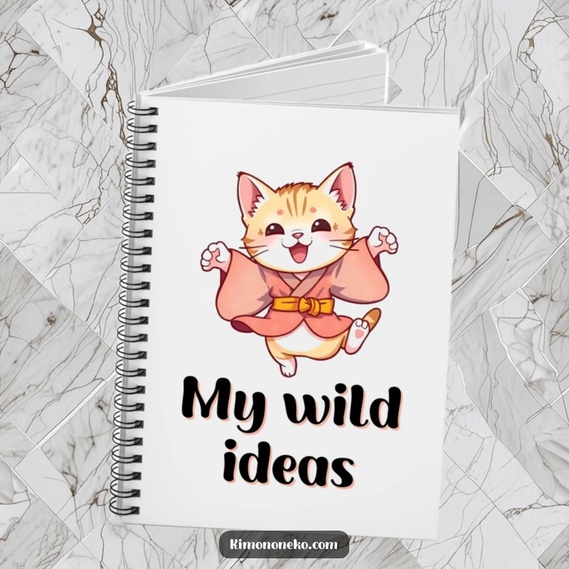Funny notebook with a playful kitten in a colorful kimono, energetically leaping, perfect for jotting down ideas and daily entries.