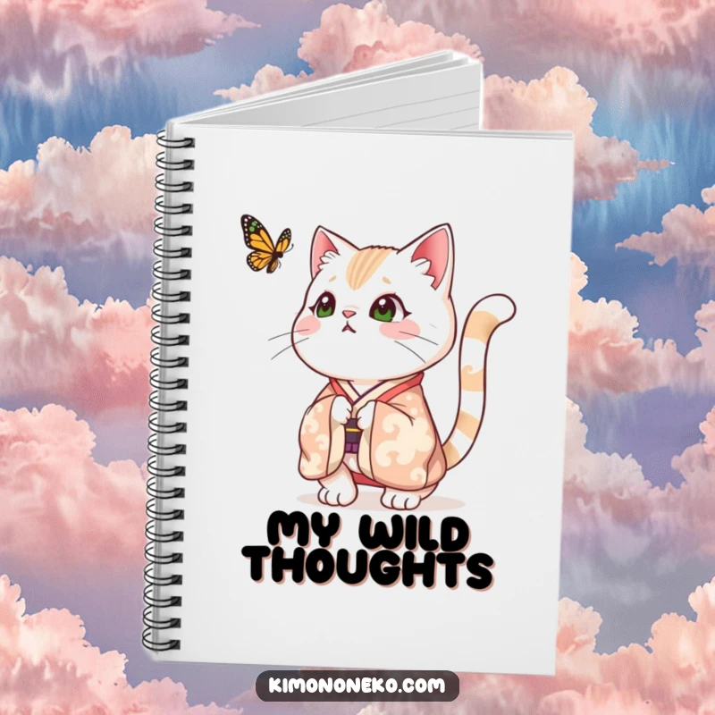 Funny notebook cover with a surprised cat in a festive kimono, tail puffed up, gazing at a fluttering butterfly, inspiring delightful and funny ideas.