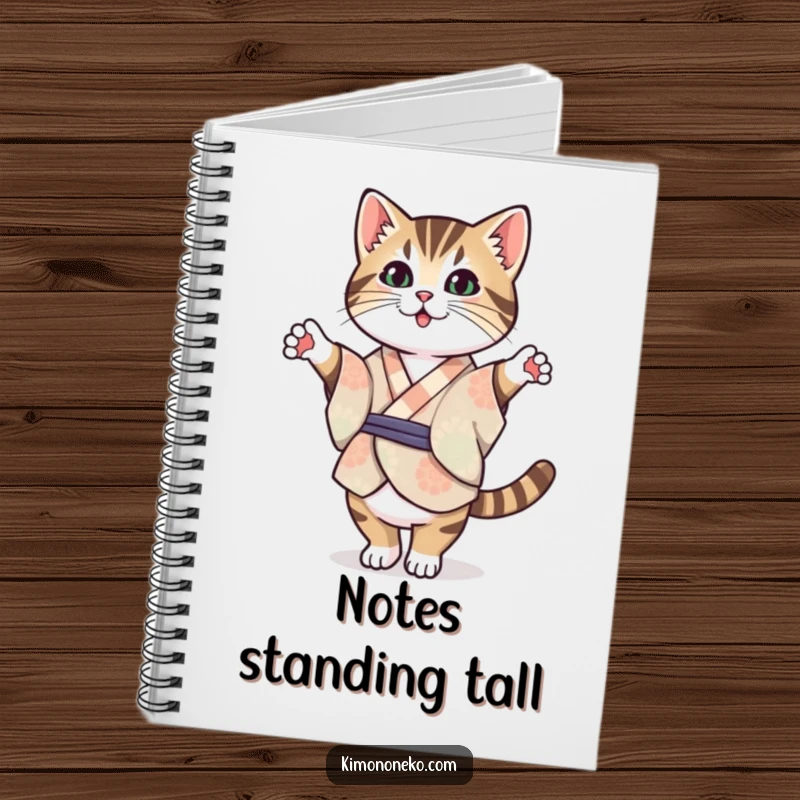 Funny Tabby Cat Kimono Notebook: A Kawaii tabby cat in a patterned kimono balancing on its hind legs, ideal for notes.