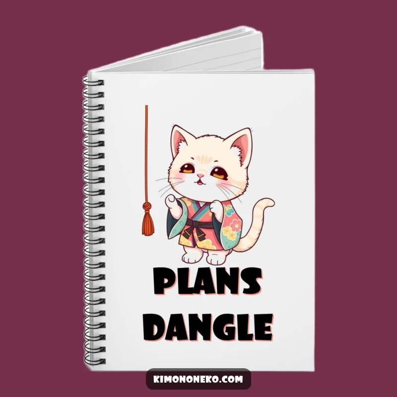Record your thoughts with a smile using this funny notebook, featuring a mischievous kitten in a colorful kimono batting at string. Perfect for jotting down ideas.