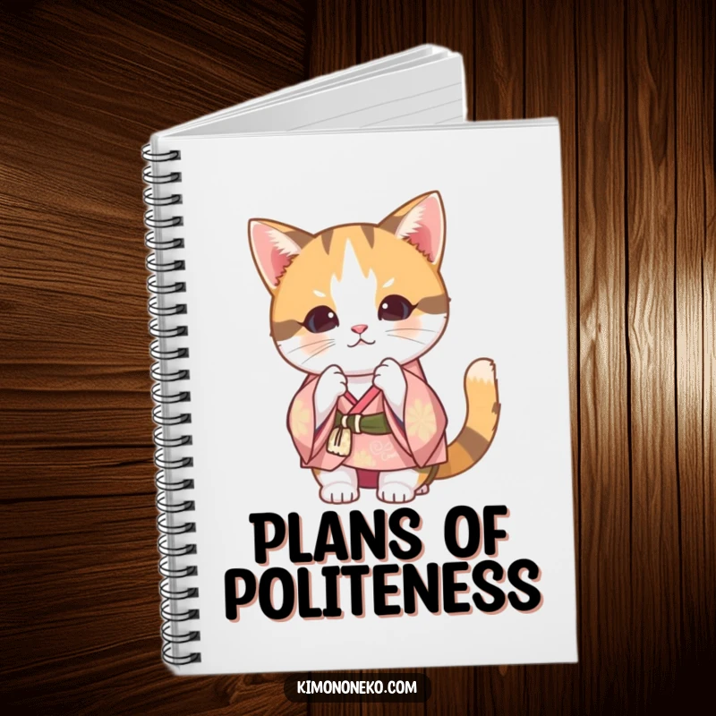 Funny Calico Cat Kimono Notebook: A Kawaii cat in a festive kimono bowing, ideal for jotting down notes with a smile.