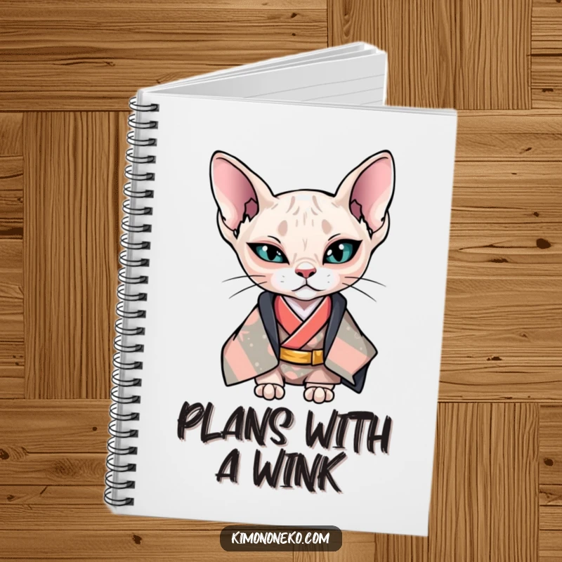 Funny Kawaii Sphynx cat in cool kimono giving a wink, stylish anime notebook, gift.