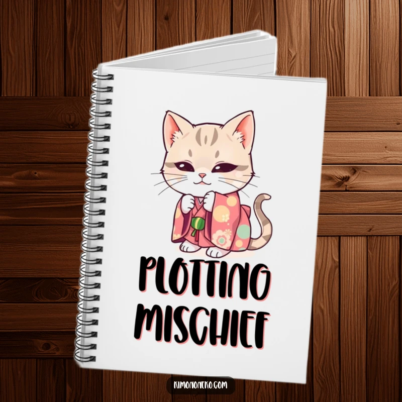 Funny notebook cover with a mischievous cat in a bright kimono, hiding playfully.
