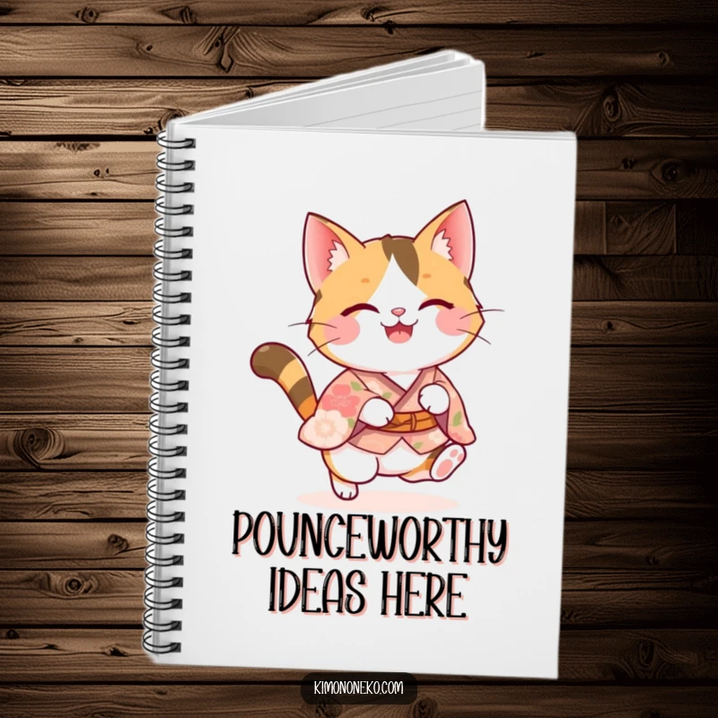 Funny calico kawaii cat in a floral kimono executing a joyful pounce, perfect for a notebook cover for creative minds.