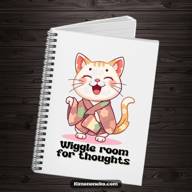 Funny happy cat in a colorful kimono wiggling its tail, featured on the cover of a notebook.