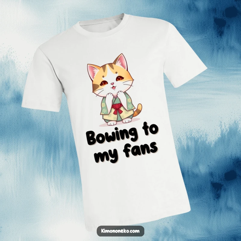 Funny kawaii calico cat in a festive kimono bowing on a t-shirt, a humorous and polite anime design.