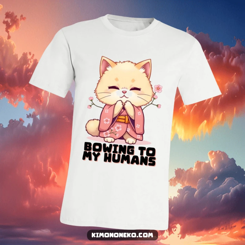 Funny bowing cat t-shirt, depicting a fluffy feline in a cherry blossom kimono, offering a respectful bow and a touch of refined humor.