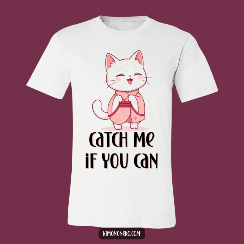 Funny Kawaii Cat T-Shirt: Giggling White Kitty in Pink Kimono