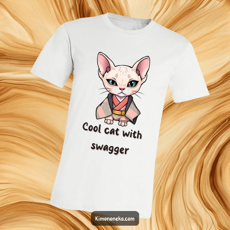 Funny Kawaii Sphynx cat in a cool kimono, giving a confident wink, stylish anime t-shirt.