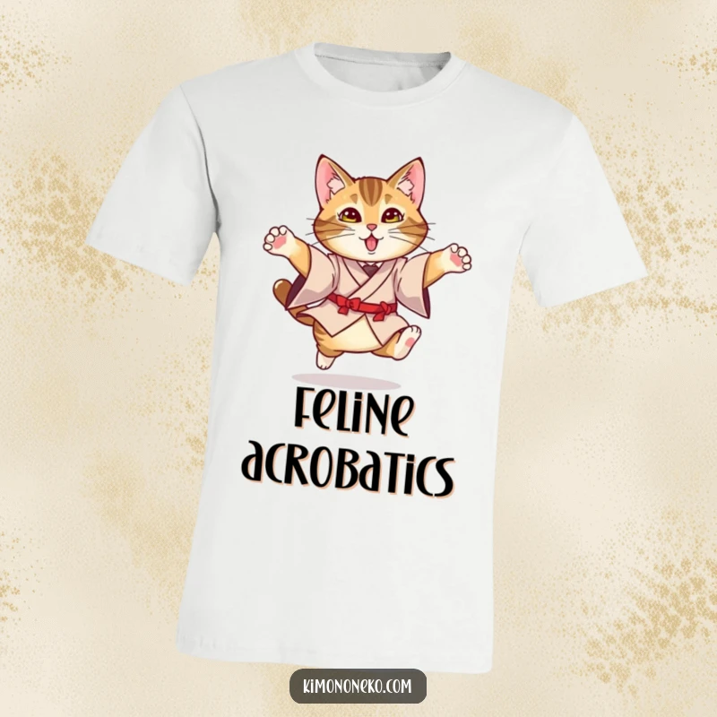 Funny Kimono Cat T-Shirt: A tabby cat artistically leaping in a formal kimono, embodying grace and humor.