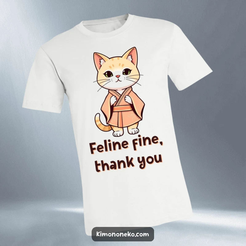 Funny Kawaii cat in a stylized kimono striking a confident stance, graphic t-shirt, stylish art.